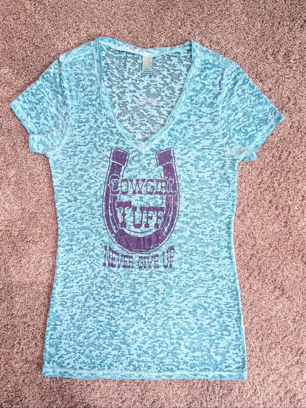 Women's Cowgirl Tuff Teal Burnout V-Neck Tee with Purple Graphic Size Medium